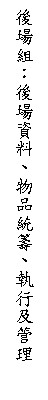 文字方塊: 後場組：後場資料、物品統籌、執行及管理