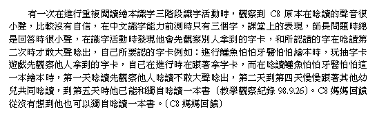 r:     @bi歫ƾ\ŪøѦrTqѦrʮɡA[C8쥻bŪnܤpnAS۫HAbѦrOeɥuTӦrAҰW{AvD`O^ɫܤpnAbѦrʮɵo{L|[OH쪺rdAMһ{ŪrbŪĤGɤ~jnXAۤvҭn{rdҦpGisȩȤȩøɡArdC[LH쪺rdAۤvbiɦbۮrdAӦbŪsȩȤȩȳo@øɡAĤ@ѰŪ[LHŪjnXAĤGѨĥ|ѺCCۨL@PŪAĤѮɥLwMW۰Ū@ѡ]о[98.9.26^CC8^XqSQL]iHW۰Ū@ѡC]C8^X^